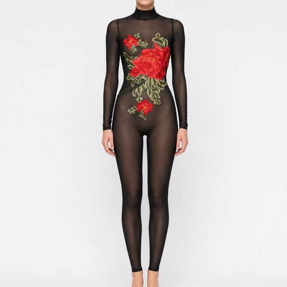 unknown Pants - Black Sheer Floral Mesh Jumpsuit Size Small Catsuit